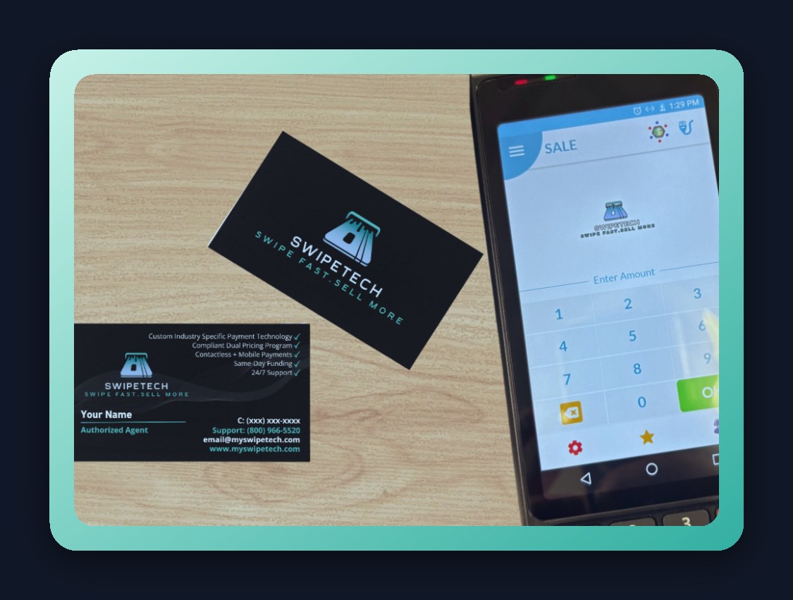 Swipe Tech payment terminal with credit cards, retail card processing
