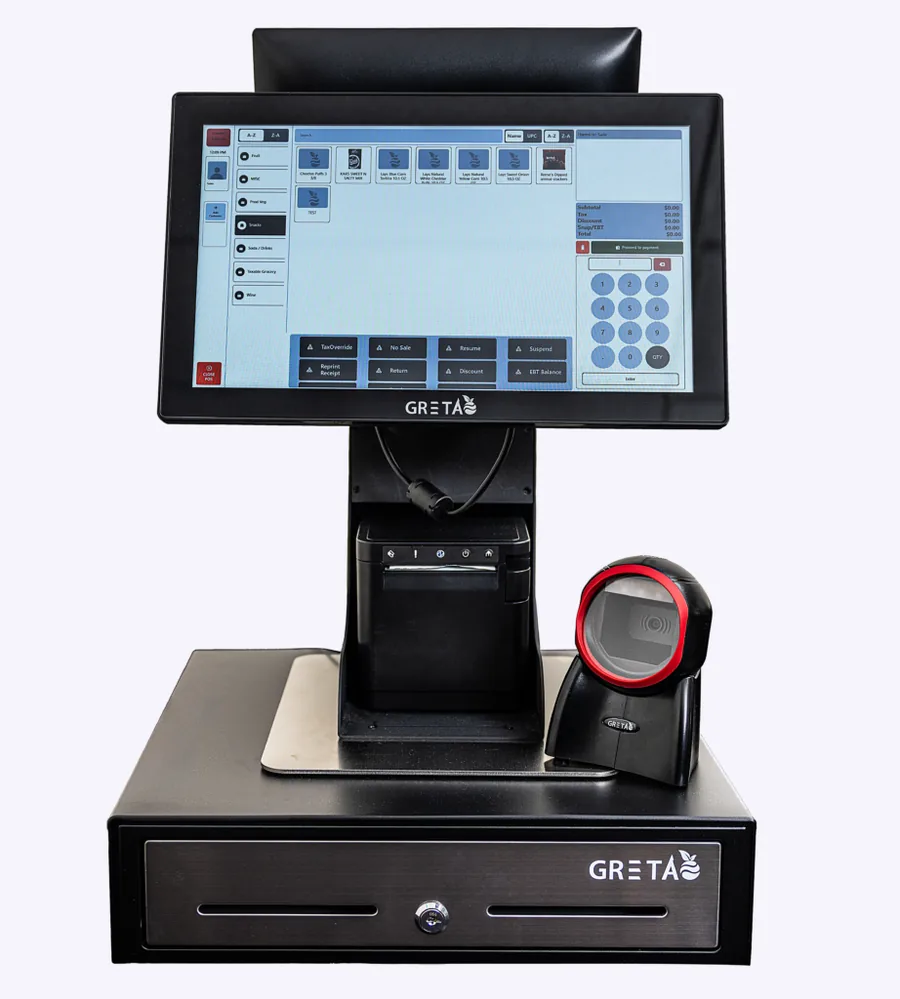 GRETA POS grocery checkout station with touchscreen, receipt printer, barcode scanner, and cash drawer