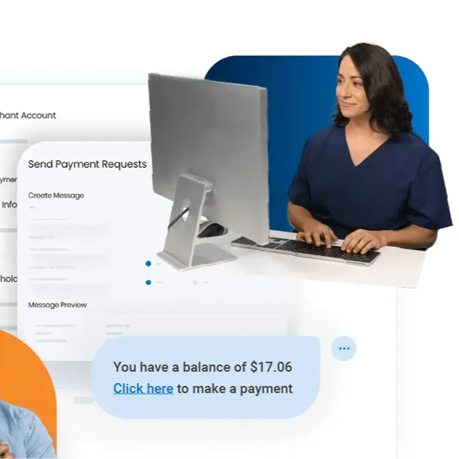 Medical front desk staff sending a patient payment request from practice software