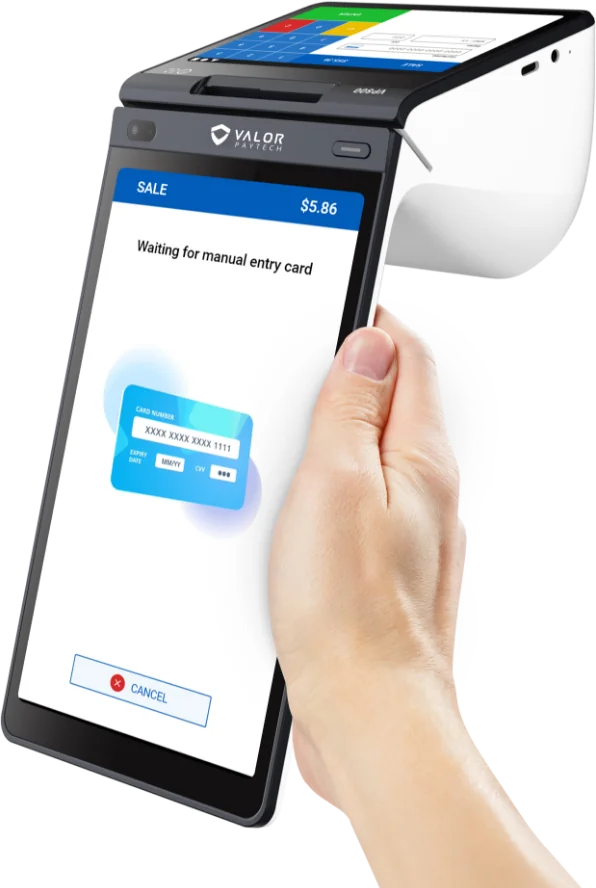 Valor VP800 handheld payment terminal in hand, free equipment for healthcare practices